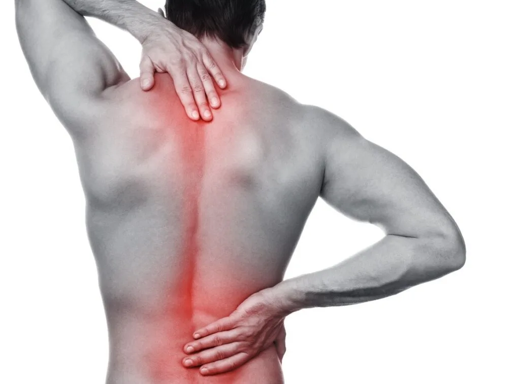 A person holding their neck and lower back, areas of pain highlighted