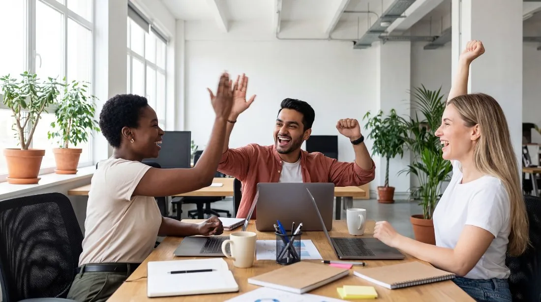 Colleagues celebrating a success with a high five at work