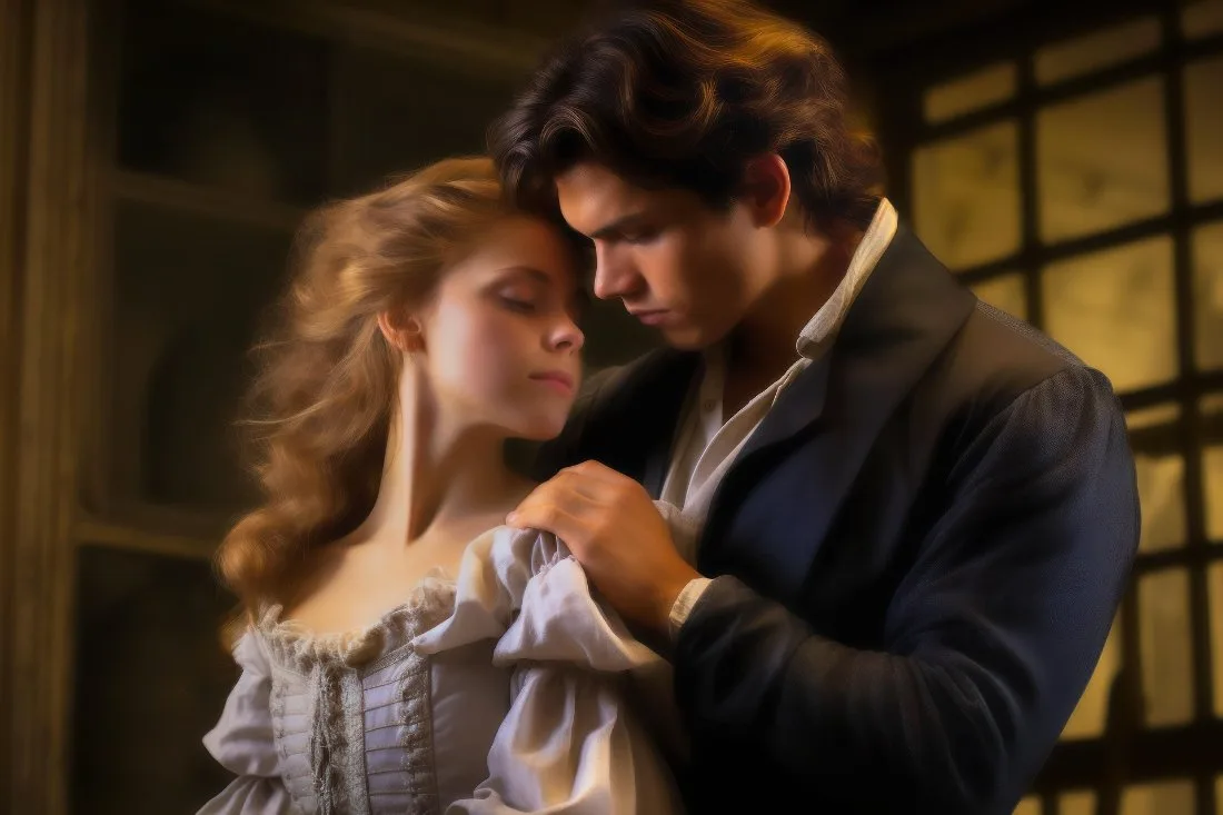 Two actors in period costume performing an intimate dramatic scene
