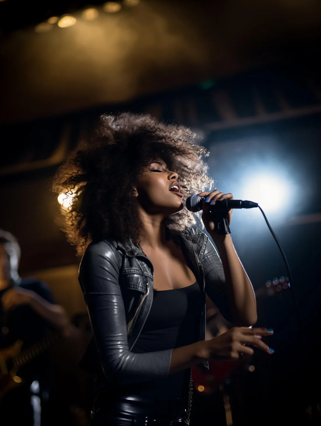 A singer performing into a microphone on stage with her band
