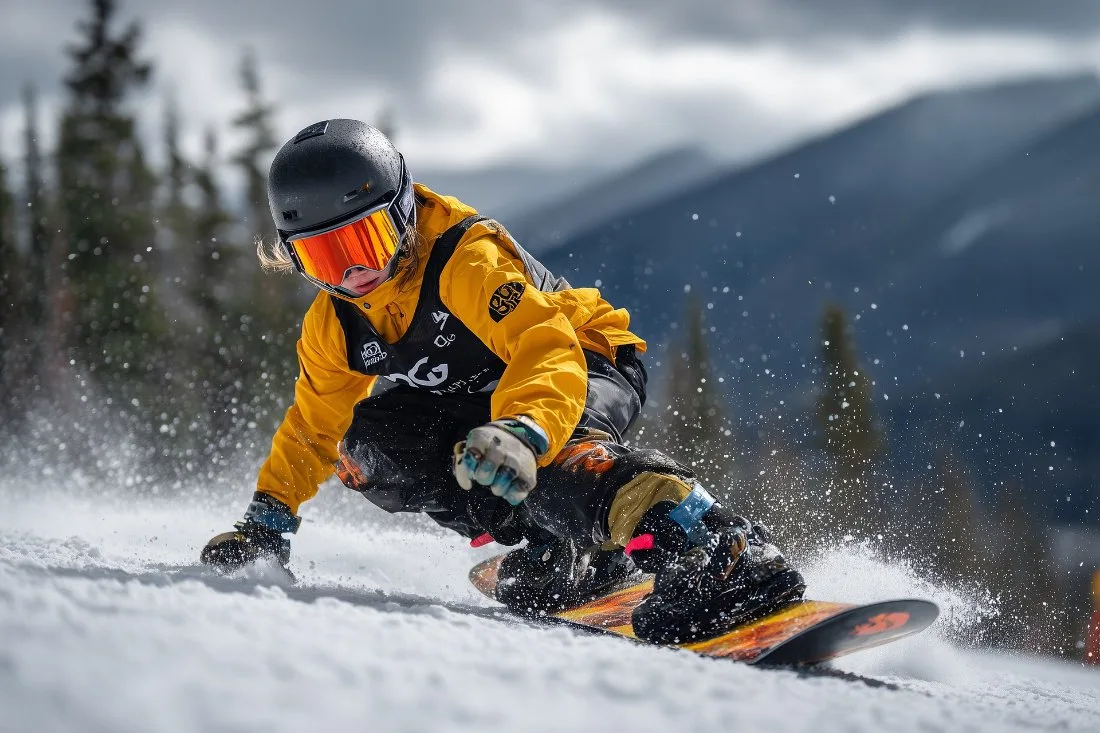 A snowboarder carving through fresh snow on a mountain