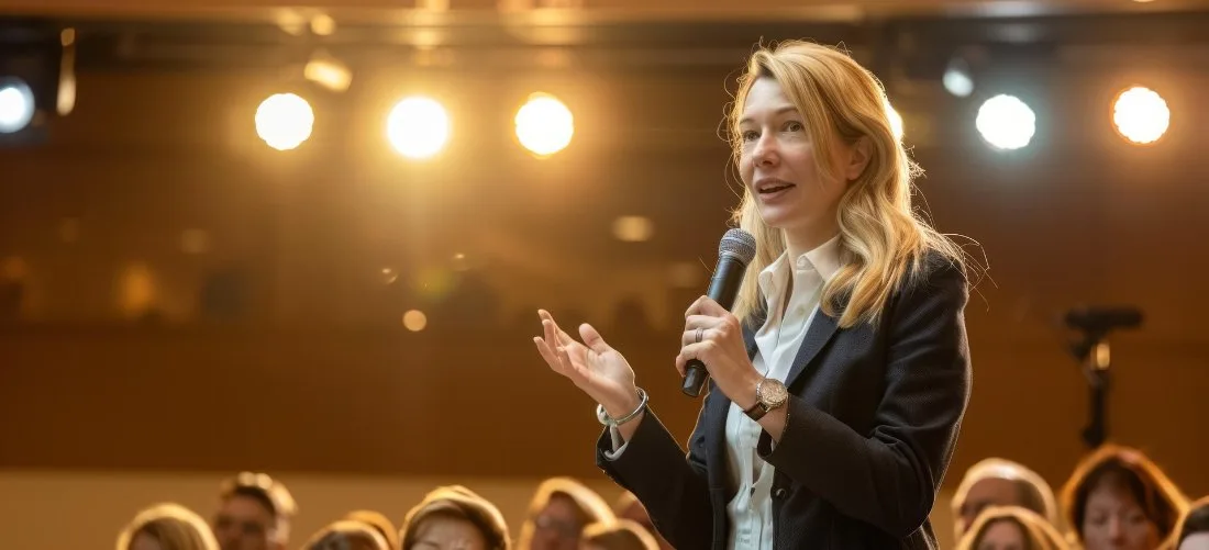 A woman speaking confidently into a microphone in front of an audience
