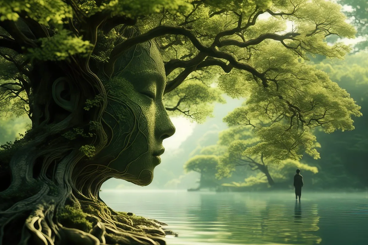 A serene tree whose trunk forms a peaceful human face beside calm water, with a figure looking out across the lake